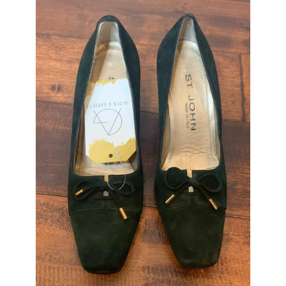 St. John Black Suede Bow Cuban Heel Square Toe Pumps, Size 6